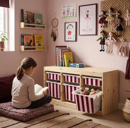 Punase ja roosa duo triibuga Mello kleebised IKEA TROFAST hoiukastidel lastetoas; riiuli kõrval loeb laps raamatut.