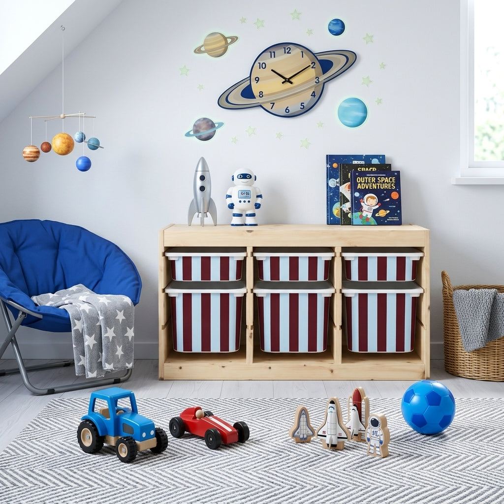 Punase ja sinise duo triibuga Mello kleebised IKEA TROFAST hoiukastidel kosmoseteemalises lastetoas, mänguasjade ja sinise tooliga.