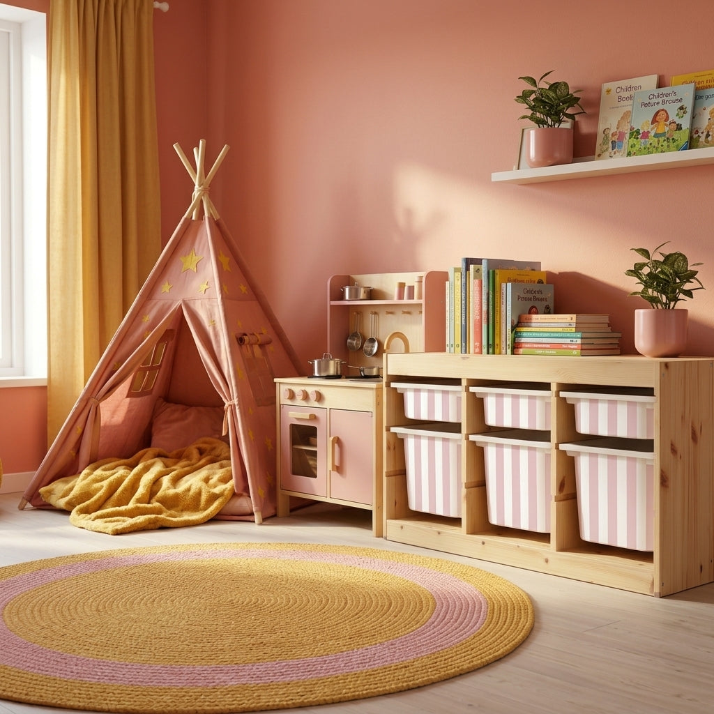 Roosa ja valge triibuga Mello kleebised IKEA TROFAST hoiukastidel lastetoas, mängutelgi ja mänguköögi kõrval.