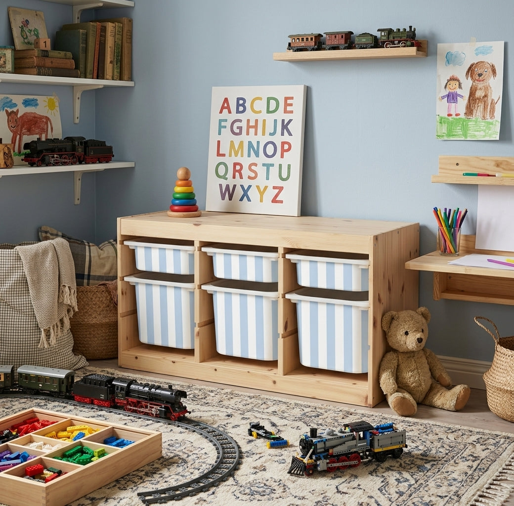 Sinise ja valge triibuga Mello kleebised IKEA TROFAST hoiukastidel sinises lastetoas, mängurongide ja kaisukaruga.